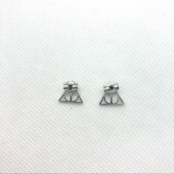 SILVER Stainless Steel Deathly Hallows Earrings - Picture 6 of 8